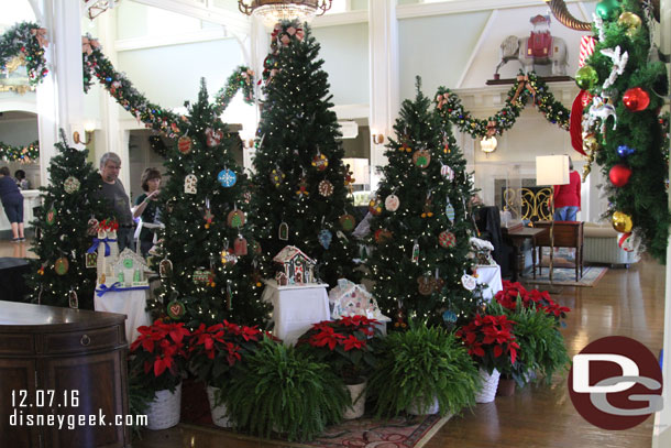 In the lobby this year no storefront.  Instead several small gingerbread houses and a cluster of Christmas trees.