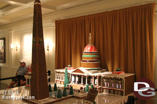 In the lobby of the American Adventure the gingerbread monuments of Washington DC added the Lincoln Memorial this year.