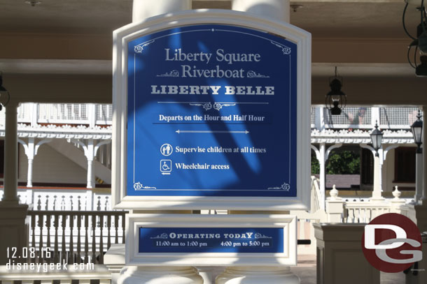 The Liberty Belle operates on reduced hours now thanks the 3 hours it is closed for the upcharge Princess Tiana/Parade Event in the afternoon.