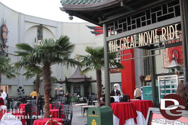 The courtyard for the Great Movie Ride is being set up for the dessert party.