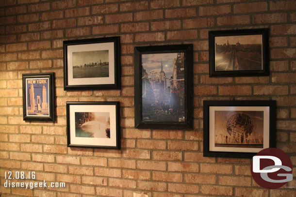 The walls upstairs have pictures from New York on them.