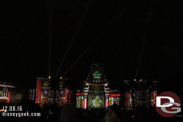 Images are projected onto the Chinese Theater and the two surfaces on either side throughout the show.