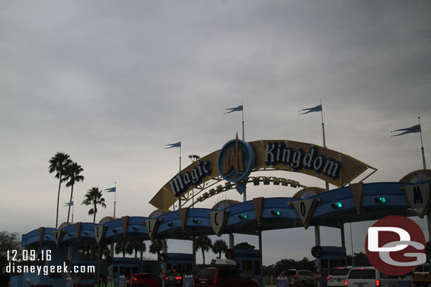 Dark skies as we approached the Magic Kingdom.  Traffic was backed up heading toward the resorts due to road work and closures this morning.  It took 15 minutes from here to the bus stops.