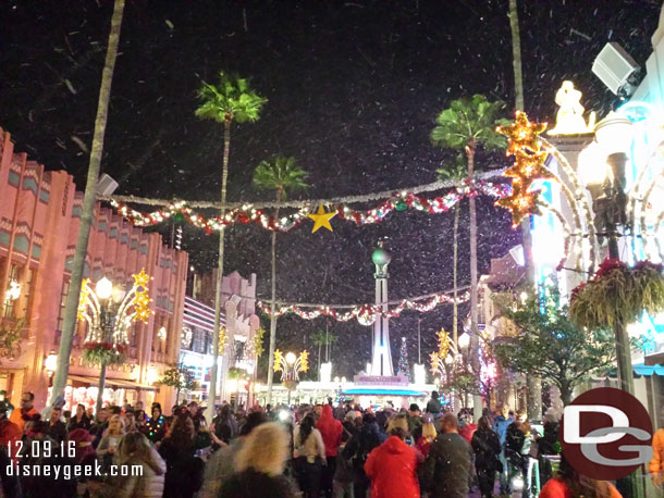 Snowfall on Hollywood Blvd as the exit music plays.