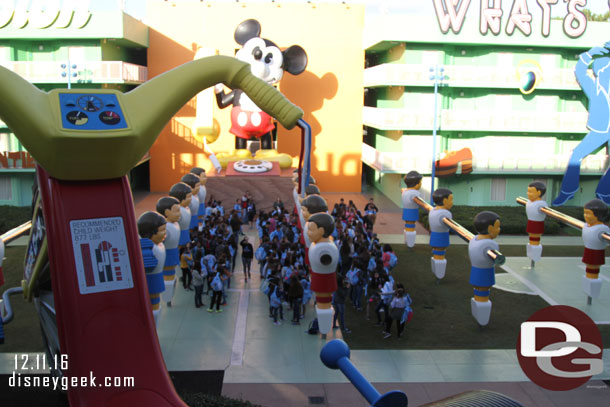 The large tour groups were gathering this morning just past 8am in a courtyard at Pop Century.  Goal was to get to the buses before them since my luck they will be going where I am going and it would be a long wait.