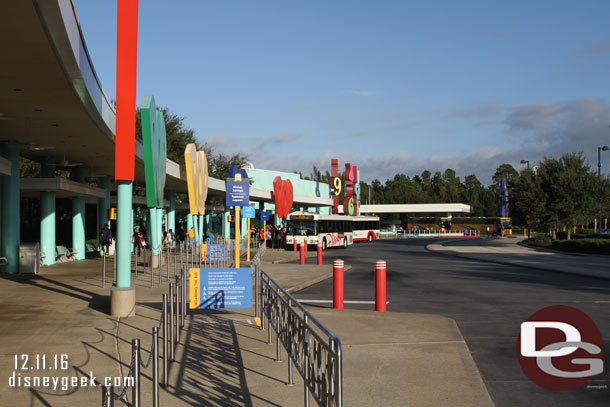 The Pop Century Bus stop at 8:26am, very quiet at most stops.