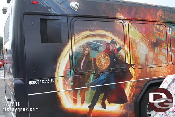 Arrived at the Studios at 9:39am, so about half an hour.  Walked by a Doctor Strange bus.