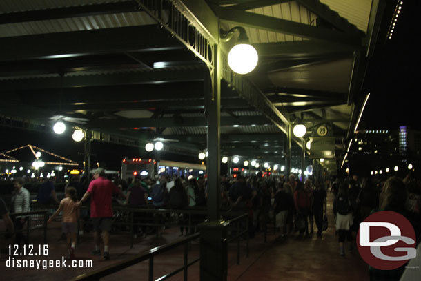 The bus line for Pop Century was outside the queue area and it filled up two load zones.  I got in line at 11:06pm.  I forgot to take a picture once I was back at Pop Century but it was pushing midnight when  I got back to the room. 