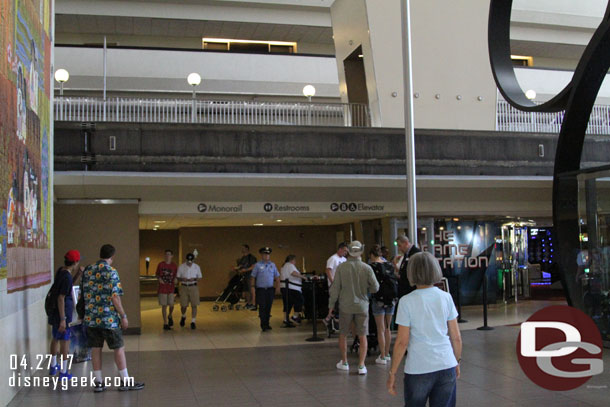 Two checkpoints for the monorail.  On the right one if you want to use the elevator and around the corner a second for those using the escalator.  You can access the restrooms without going through security.