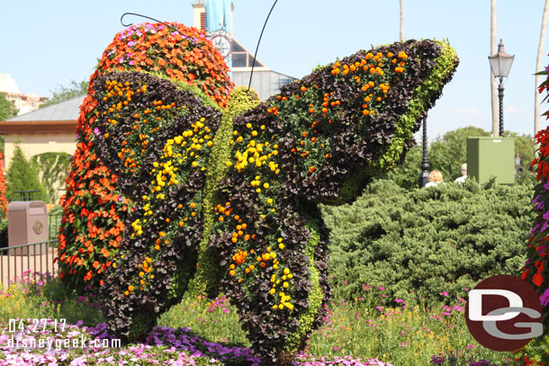 Butterfly topiaries as you enter World Showcase.