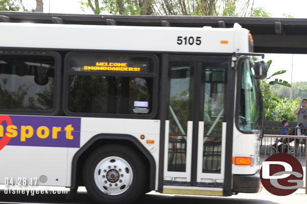 A bus pulling in for Blizzard Beach.  Disney Resort guests have to come here to transfer now.