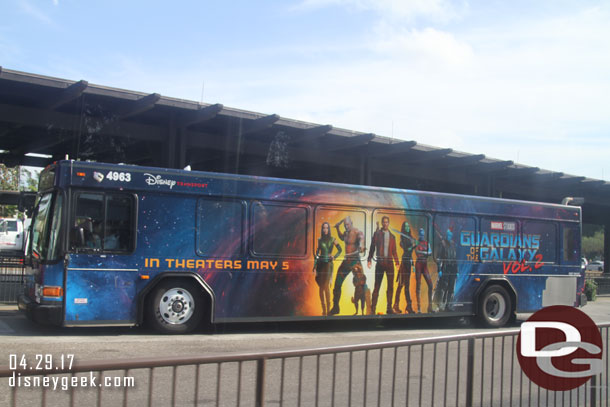 A bus wrapped to promote the upcoming Guardians of the Galaxy Vol 2 film.