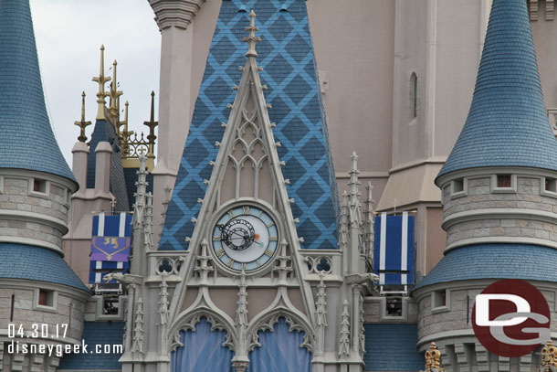 On either side of the clock area notice the banners with the rectangular cutouts.  Those are new lasers for the upcoming Happily Ever After show.