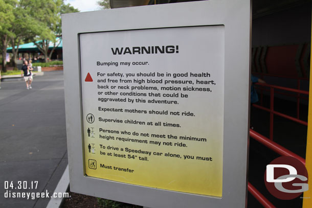 Current safety warnings for the Tomorrowland Speedway.