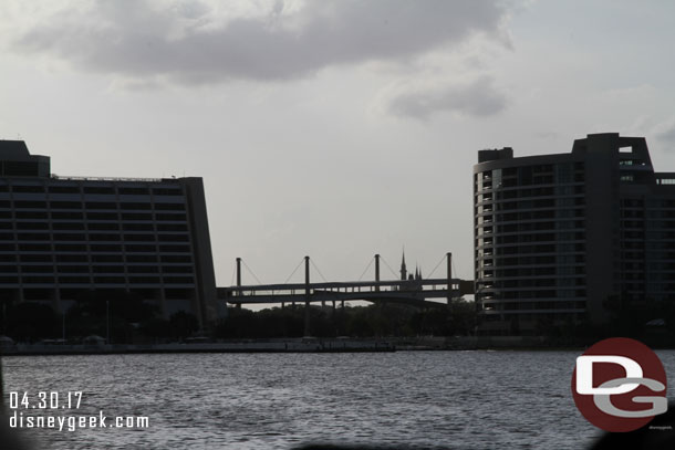 Bay Lake Tower and the Contemporary with Cinderella Castle in the distance.