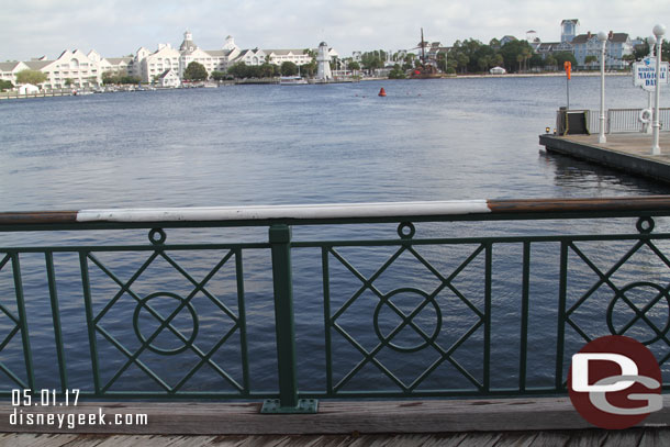 The railings along the lake were being refurbished.