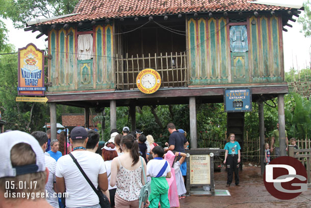 A backup at the FastPass+ return line for Kali River Rapids due to guest confusion on how to scan their bands and how FastPass+ works.