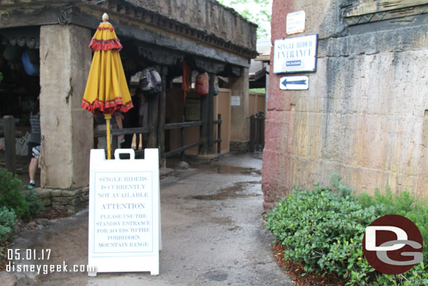 The single rider queue for Expedition Everest is closed due to some renovation work.