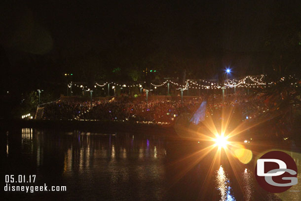 The view from the Flame Tree BBQ seating area.  The projector and lights shine right on you as they illuminate the trees for the preshow for Rivers of Light.