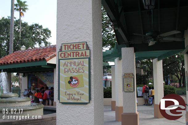 Several signs for the Ticket counter.