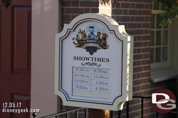 The Muppets Presents Great Moments in American History has a small sign with show times posted.