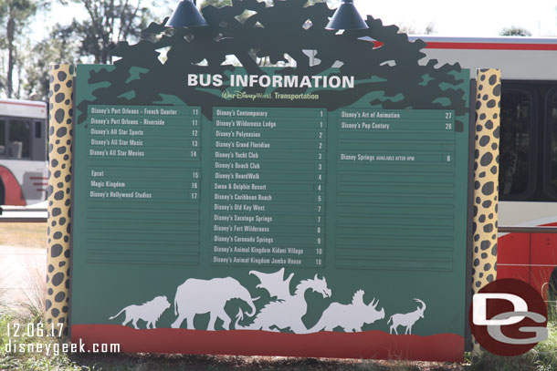 The current bus information for Animal Kingdom.  The new/third set of stops has opened since my last visit.  Art of Animation and Pop Century are there