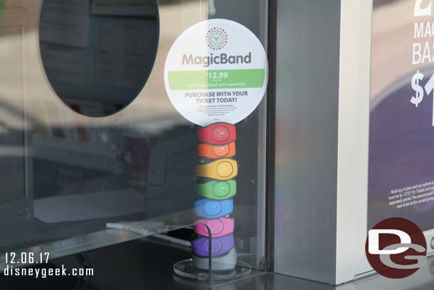 Current Magic Band color choices for sale at the ticket booths.