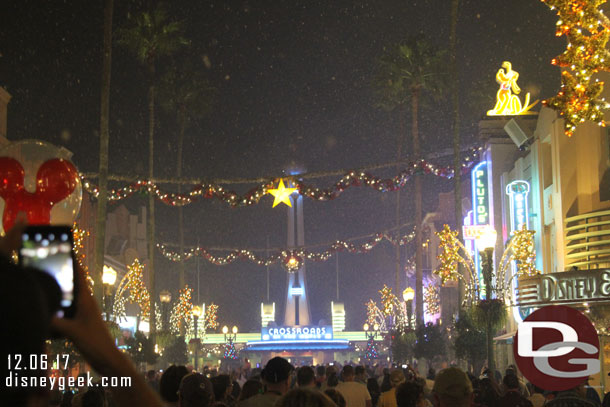 Snow falling on Hollywood Blvd as I exited the park.