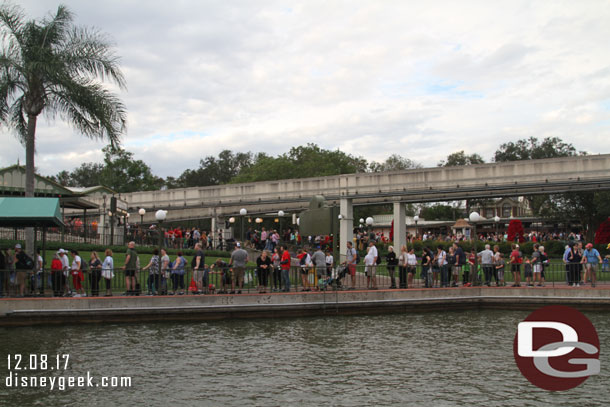 A long line of guests waiting for the resort launch this evening.