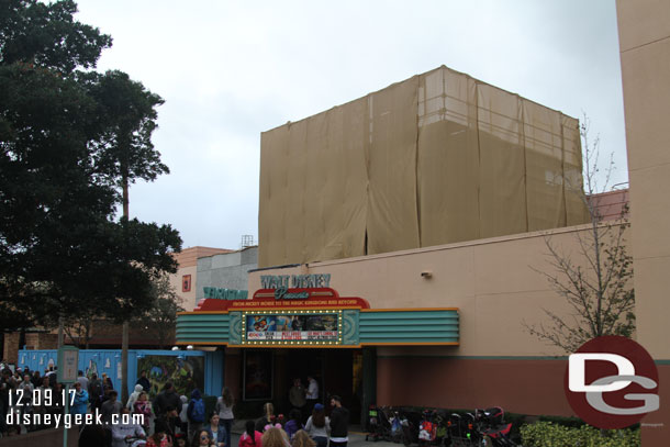 Scaffolding above the Walt Disney Presents building is for preparations for Toy Story Land.