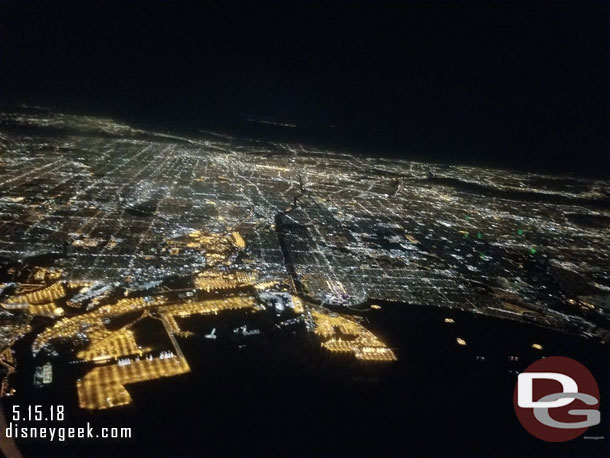 A look at the Los Angeles area as the plane turns back toward land after taking off and before I try to get some sleep. (it was 10:53pm)