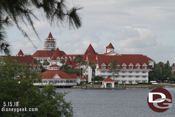 The Grand Floridian from the Monorail station.  Notice the renovation work on the highest tower.
