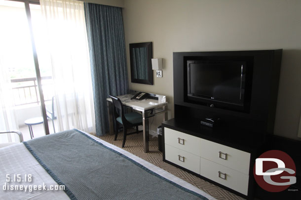 The TV and desk area from the bed.