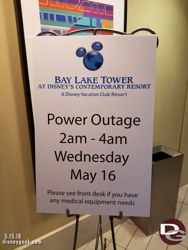 At that point it started to rain.  So the original plan of watching Happily Ever After from Main Street was altered and instead returned to Bay Lake Tower.  A sign in the elevator lobby about a power outage.