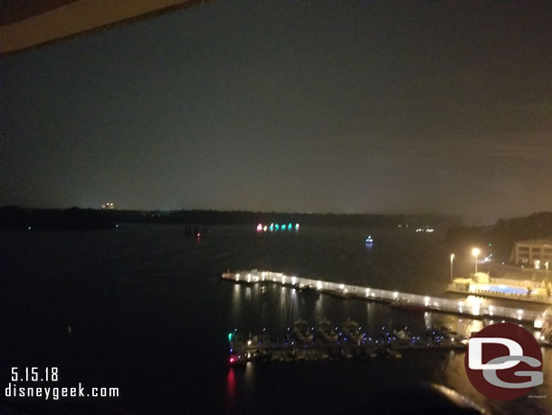 While I was working on my notes and pictures for the day heard music outside so went out to the balcony to take a look and spotted the Electrical Water Pageant in front of the Wilderness Lodge.