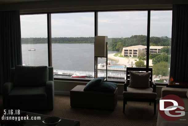 A little perspective on our view.  The floor to ceiling windows in Bay Lake Tower's living rooms are great.