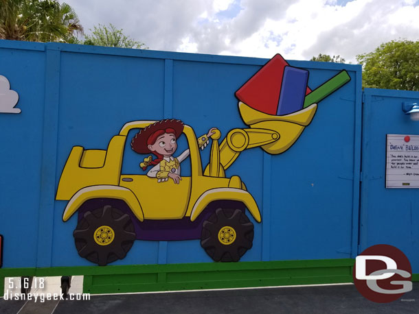A closer look at the Toy Story Land construction wall.