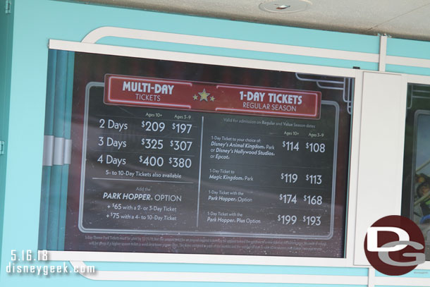 Current WDW pricing at the ticket windows.