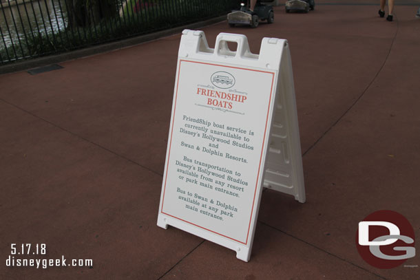 Making my way to the International Gateway and over to the Boardwalk.  Signs up warning the Friendship Boats are not traveling to the Swan, Dolphin, or Hollywood Studios.