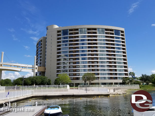 A reverse view from the boat dock looking up at our room.  Go up to the 7th floor then the double balcony on the right and our room is the one on the left (if that makes any sense)