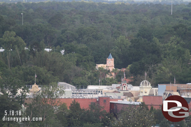 Foreground Main Street. Center frame Pirates of the Caribbean Entrance.