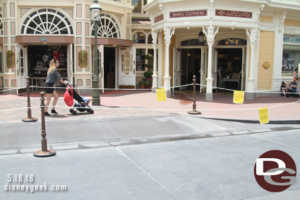 The walls were down on Main Street and the recently redone curb/ramp area was visible but roped off.