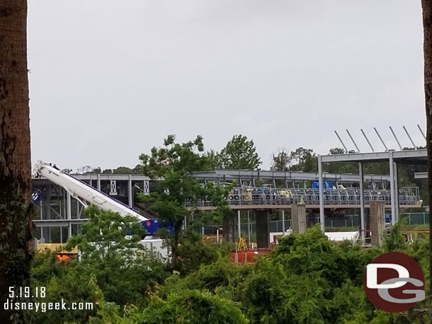 In the center of the picture is the end of the line for the Hollywood Studios line.  They are installing wheels and other equipment on it.