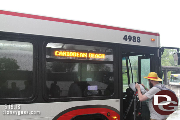5:20pm boarded a bus at a rainy Disney's Animal Kingdom