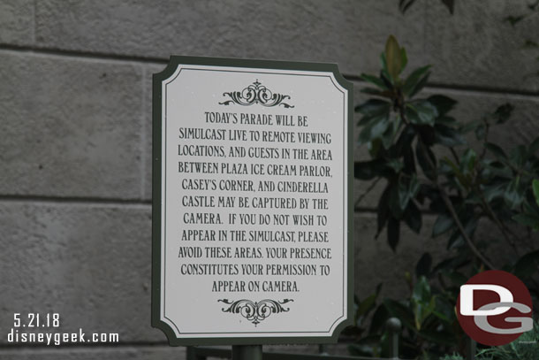 A filming notice for the parade broadcast to the Disney Stores.