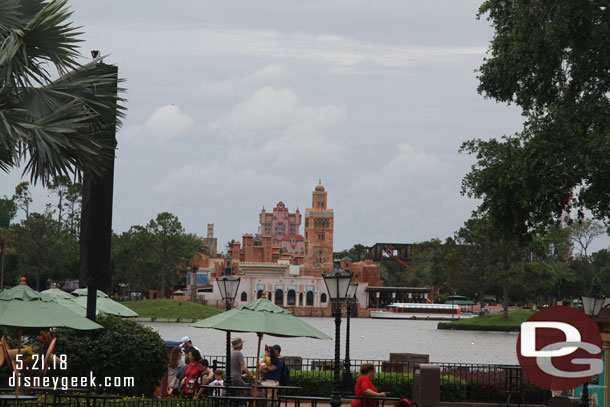 Morocco across World Showcase Lagoon. Behind it is the Tower of Terror and to the right is the Ratatouille construction.