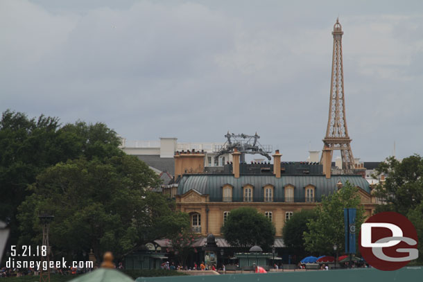 An out of scale and place Disney Skyliner Tower visible behind France.  Wonder if there is a plan to add another layer to the facades to hide it.