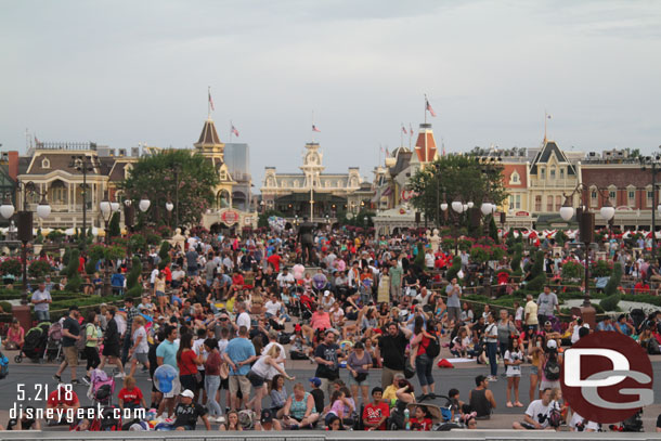 The view from Cinderella Castle looking toward Town Square.  Guests claiming spots for Happily Ever After which is in about 90 minutes