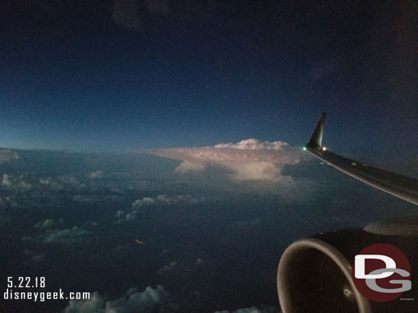 Passing by some thunderstorms about 3 hours into the flight, I believe over Texas if I remember right.