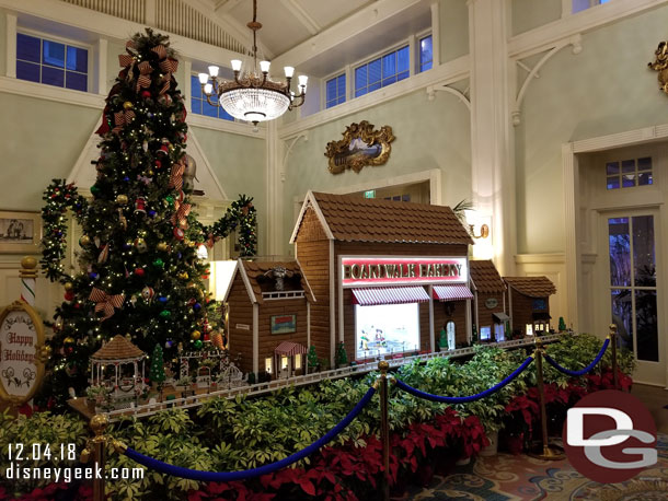 Since we had hours until the parks opened and the room was not ready spent some time looking around.  Here is a sequence of pictures taking a look at the gingerbread display in the Boardwalk Lobby.